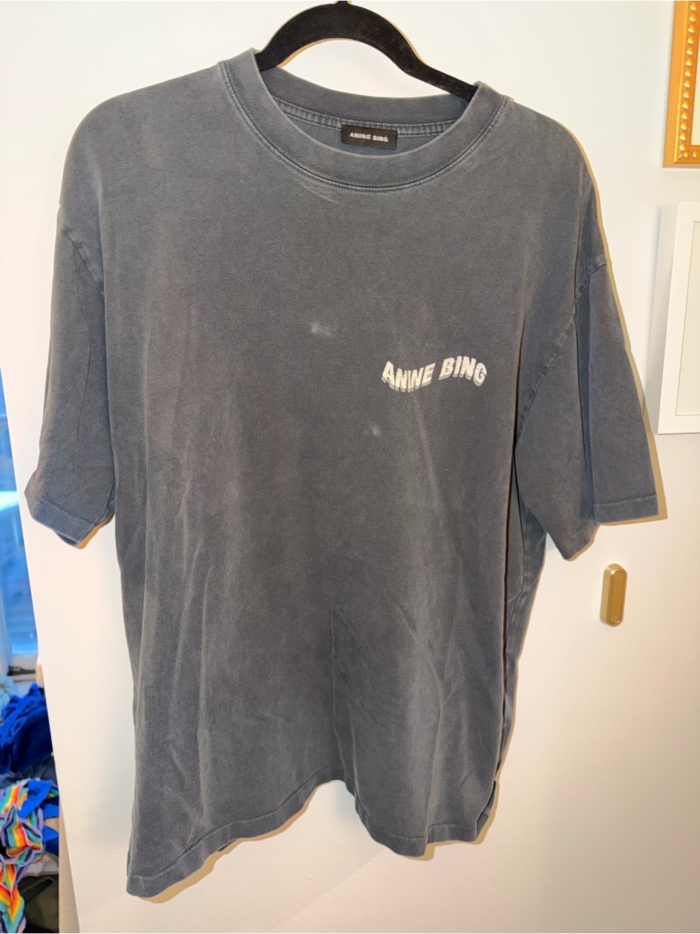 Anine Bing Washed Charcoal Logo Short Sleeve Tee